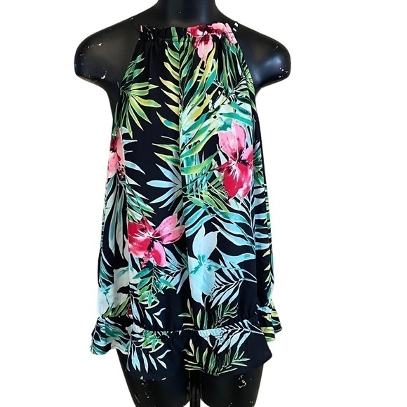 7th Avenue New York & Co Multi-Black Tropical Print Top - Picture 1 of 6